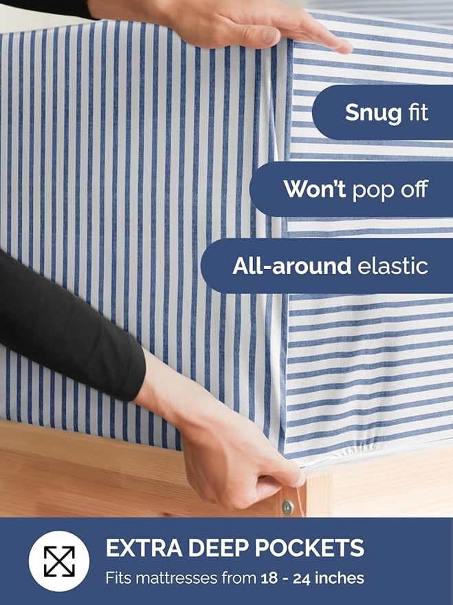 Extra Deep Twin XL Sheet Set - 4 Piece Breathable and Cooling Sheets - Hotel Luxury Bed Sheets Set - Easy Fit - Soft, Wrinkle Free and Comfy Sheets Set - Blue Striped Sheet Set with Extra Deep Pockets