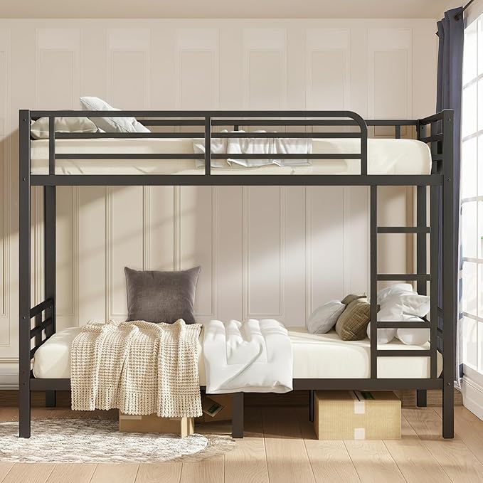 Twin XL Over Twin XL Bunk Bed Frame, Heavy Duty Metal Loft Bed for Adults/Teens, 350/500LB Capacity w/Ladder & Guardrail, Noise-Free Steel Slats, No Box Spring Required, Black