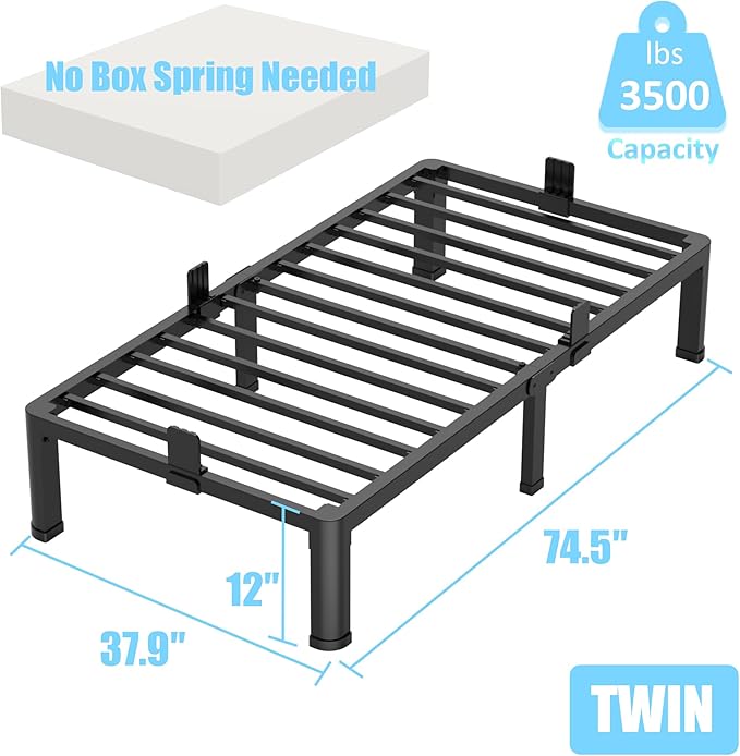FUIOBYVV 12 Inch Twin Bed Frame with Round Corner Edge Legs 3500 lbs Metal Heavy Duty Steel Slats Support No Box Spring Needed Platform Noise Free Easy Assembly
