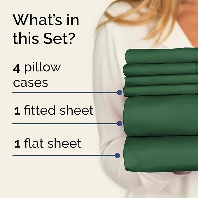 Queen 6 Piece Sheet Set - Cooling, Comfy & Breathable - Hotel Luxury Bedding, Includes Fitted Sheet for Women, Men, Kids and Teens - 1 Flat, 1 Fitted Sheet, 4 Pillowcases with Deep Pockets - Emerald