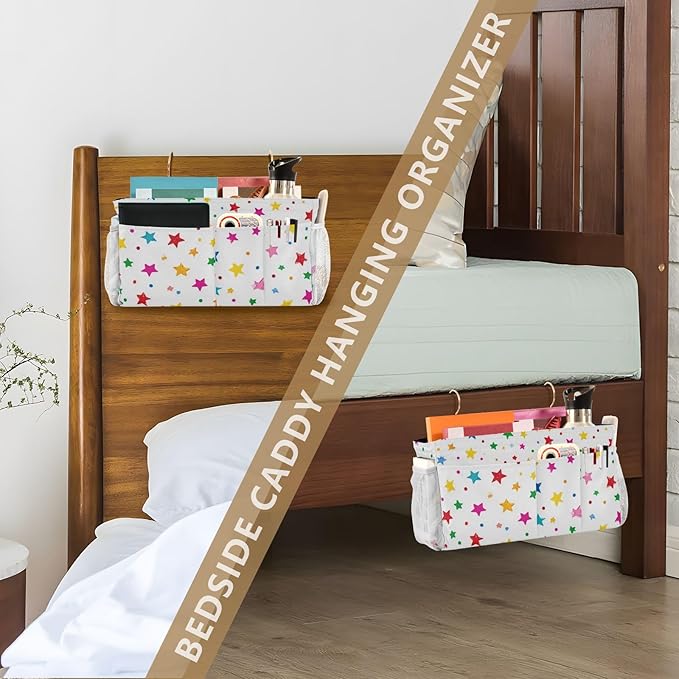 Bedside Caddy Hanging Bunk Bed Caddy Bed Organizer Hanging Pocket with 2 Hooks Bedside Storage Organizer Pocket Bag Holder Small Colorful Stars and Dots
