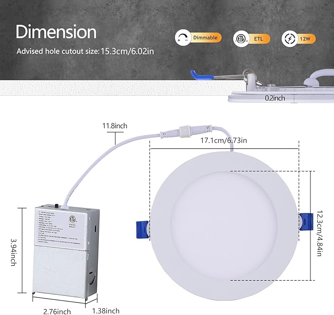 CycevSun 24 Pack 6 Inch LED Recessed Lighting with Night Light - Canless Ultra Thin Wafer Downlight Soffit Pot, Dimmable & 5 Color Temperature Selectable, 12W, ETL & Energy Star