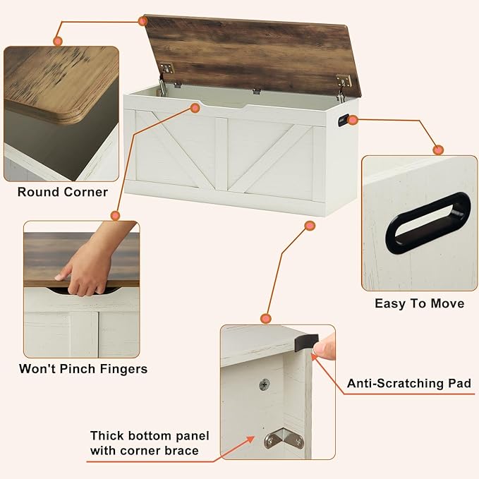 Timberer 39.4" Storage Chest, Wooden Storage Bench, Large Storage Trunk with 2 Safety Hinges, Entryway Shoes Bench for Living Room, Bedroom, Brown and Rustic White