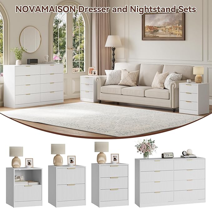 8 Drawer Dresser & Nightstand Set 3-Piece, 55” Wide Tall Fluted Dresser and Night Stand Set of 2 with Metal Handle, Modern Wood Chest of Drawers Storage Dressers Set for Bedroom, White