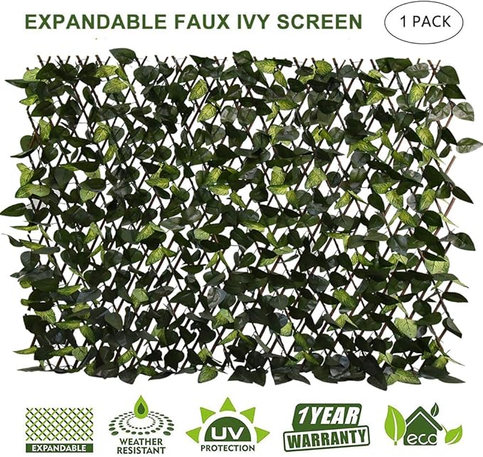 GLANT Expandable Fence Privacy Screen for Balcony Patio Outdoor,Decorative Faux Ivy Fencing Panel,Artificial Hedges (Single Sided Leaves) (1, Green-Verdant)