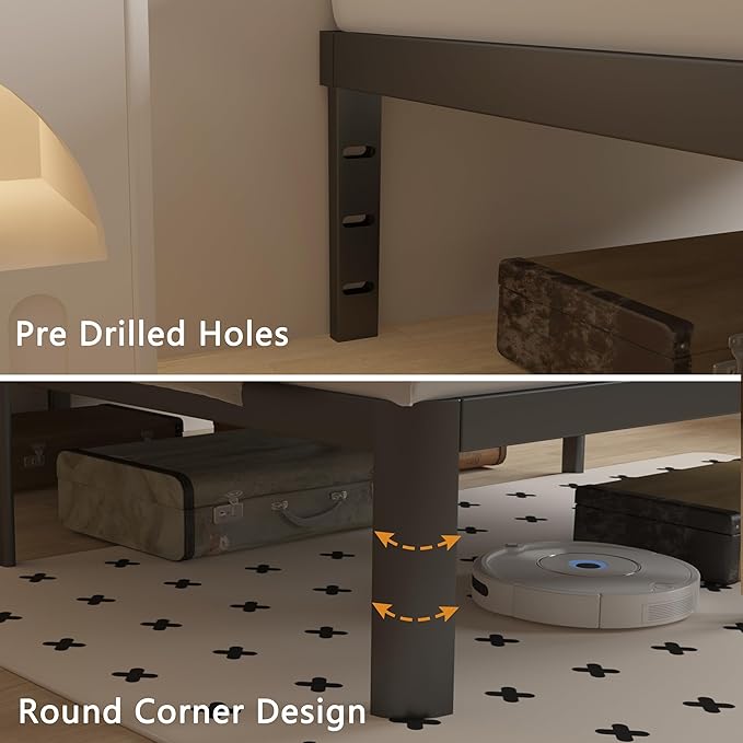 16 Inch Bed Frame Queen Size with Metal Gaskets, Black Queen Platform Bed Frame No Box Spring Needed, Heavy Duty Steel Support, Round Corner Design, Storage Space, Noiseless, Easy Assembly