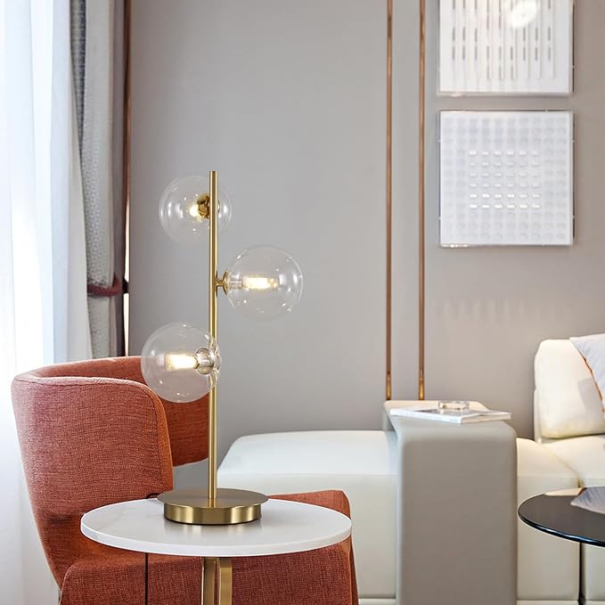 Glass Table lamp Gold,3-Globe Table lamp Tall,Reading Lamp for Bedroom Living Room Study Room