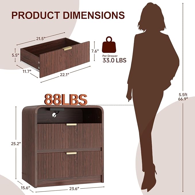 FURSUN 24" Fluted Nightstand Set of 2 with Charging Station, Wooden End Table with 2 Drawers Storage, Curved Profile Design, Modern Bedside Cabinet for Bedroom, Walnut