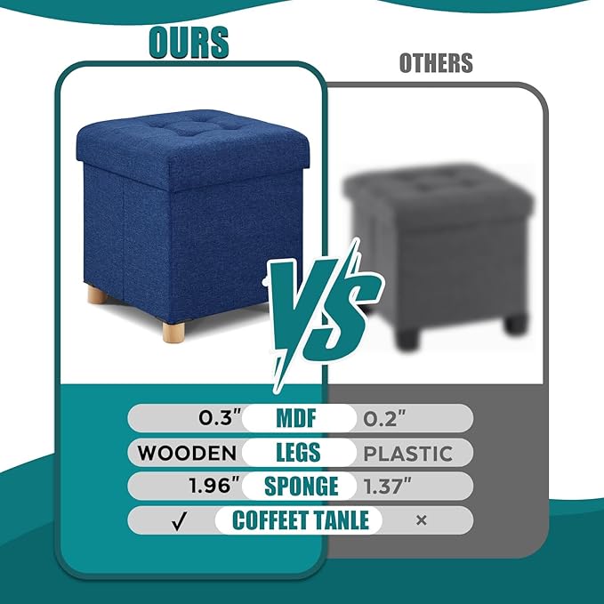 BRIAN & DANY Ottoman with Storage, Small Storage Ottoman for Dorm, Linen Folding Ottoman Foot Stool with Legs for Living Room and Bedroom, 14.8"x14.8"x16.1" - Blue