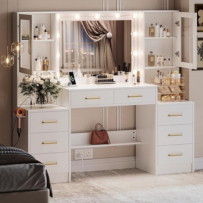 White Vanity Desk with Mirror, Lights & Charging Station, 58" 3 Lighting Modes Makeup Desk with 8 Drawers, 2 Cabinets and Lots Storage, Dressing Table Vanity Set with Lighted Mirror