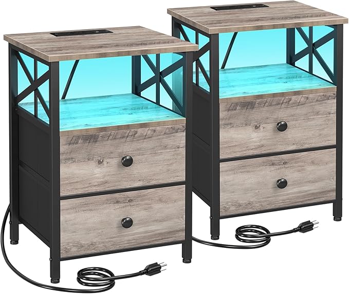 AMHANCIBLE Night Stand Set 2, LED Nightstand with Charging Station, End Tables Living Room with Fabric Drawers, Bed Side Table for Bedroom, Greige, HET052LGY