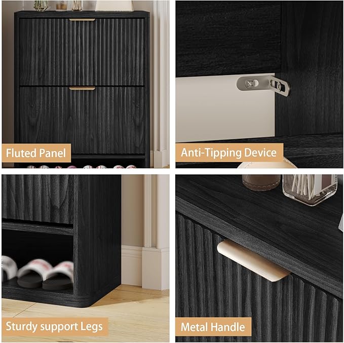 Fluted Shoe Cabinet Storage with 2 Flip Drawers, Narrow Shoe Storage Organizer for Entryway, Hidden Slim Wooden Shoe Rack Cabinet for Front Door Entrance, Hallway, Living Room (2-Drawer, Black)