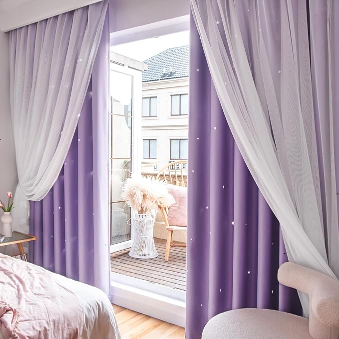 Stars Double Layer Blackout Curtains for Bedroom Kids, 96 Inches Long 2 Panels Set, Purple