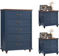 24" Wide Farmhouse Nightstand Set of 2, 45" Tall Rustic Chests of 5 Drawers w/ 4 Solid Wood Feet, Farmhouse Furniture Series for Living Room,Bedroom,DarkBlue