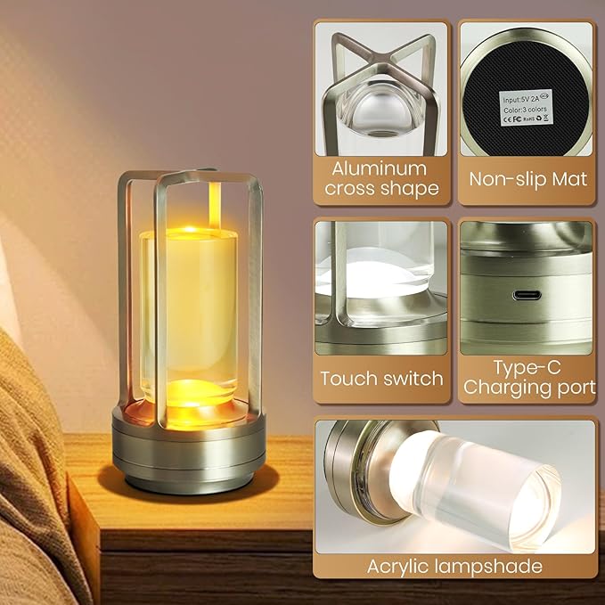 Crystal Lantern Lights Set of 2, Czgor Battery Operated Rechargeable Cordless Crystal Table Lantern Lamp with 3-Color, Small LED Desk Lamp for Indoor/Outdoor Patio Camping Bar Restaurant(Silver)