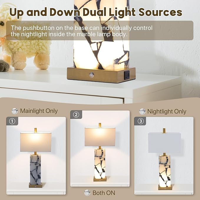 Natural Marble Table Lamps Set of 2: 3-Color Temperatures Alabaster Lamp with Nightlight, Bedside lamps with USB Ports, Bedroom Lamps for Night Stands End Table lamps for Living Room, Bulbs Included