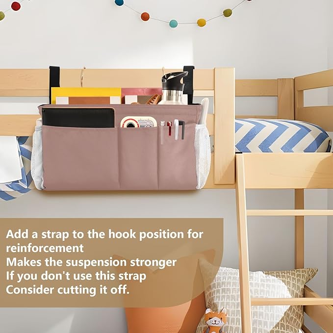 KOPIRIT Light Brown Bedside Caddy Storage Bag Bedside Organizer for Dorm Room Top Bunk Bed Hanging Storage Organizer 6 Pockets with Hooks for Magazine Water Bottle Holder