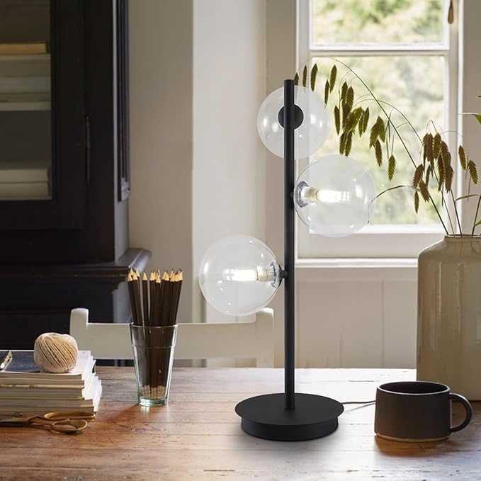 3-Light Black Table Lamp, Mid Century Nightstand Lamp with Clear Glass Globe Shade, Contemporary Bedside Lamp for Bedroom Living Room Study Room