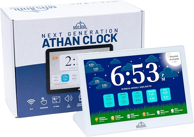 Masjidal 10" Digital Azan Clock with WiFi, Dynamic Touch Screen, Worldwide Prayer Times, Full Quran Player, Islamic Art, Streaming Halal Muslim Content: Duas, Dhikr, Surah of The Day, White (L-Shaped)