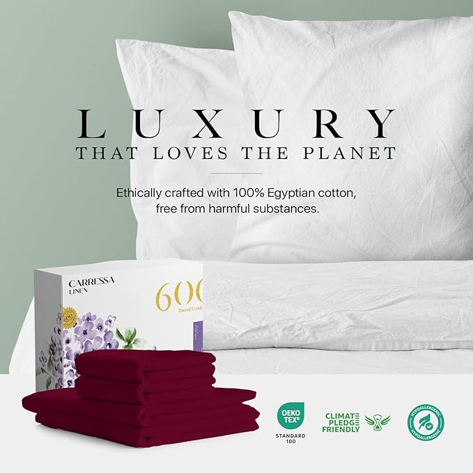 Carressa Linen 100% Egyptian Cotton Queen Sheet Set - 600 Thread Count Egyptian Cotton Queen Sheets Set (4 PC, Classic Burgundy), Soft, Cooling, 16" Deep Pocket Sateen Weave Luxury Hotel Bed Sheet