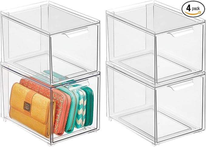 mDesign Shoe Storage Box with Drawer – Sturdy Plastic Storage Box for Shoes – Stackable Drawer Box for Shoes, Accessories and More – Pack of 4 – Clear