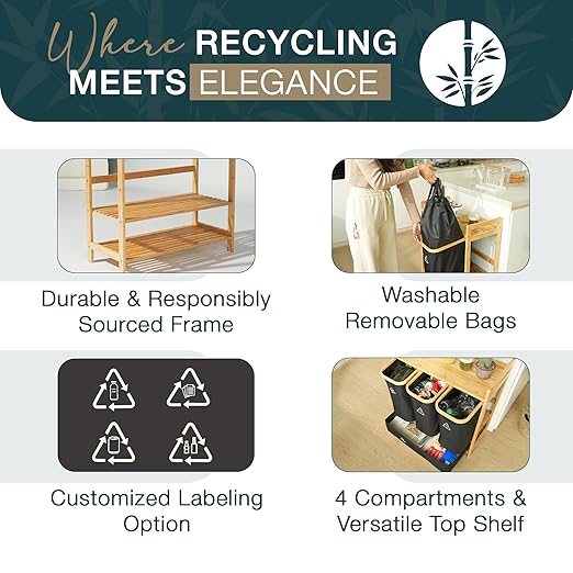 Terratur 4 Section Recycling Bin for Kitchen – Dual Trash and Recycle Bins for Paper, Plastic, Cans – Indoor Bamboo Recycling Organizer – Decorative Wooden Recycle Bins for Kitchen & Office