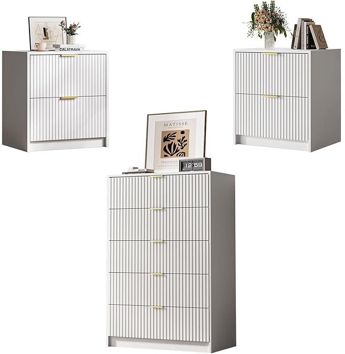 3-Piece Dresser Bedroom Set, 5 Drawer Dresser & 2 Drawer Nightstands with Gold Handles, Fluted Wood Chest of Drawers for Bedroom, Living Room, Entryway, White