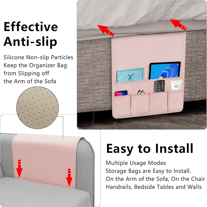 WETRBWEH Remote Control Holder for Armchair，Couch Caddy Organizer TV Remote Holder for Bed Storage 5 Pockets，Remote Caddy Bedside Organizer Bedside Table Organizer (Pink, 35''x18'')