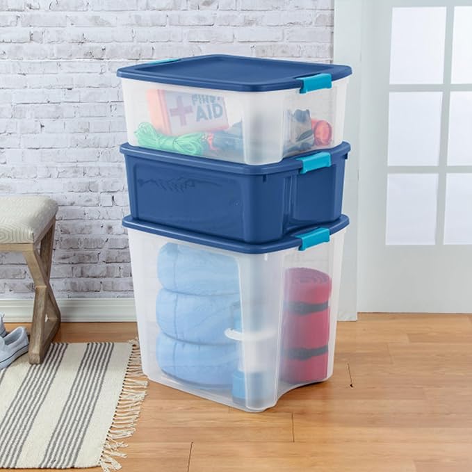 Sterilite 8-Pack Latch and Carry, Clear Plastic Storage Bins with Latching Lids and Full-Grip Handles, 27 Gallon