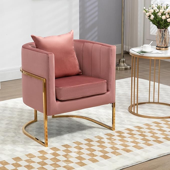 Velvet Modern Accent Chair, Upholstered Barrel Armchair Mid Century with Pillow for Living Room, Comfy Single Vanity Chair with Metal Gold Legs for Bedroom, Pink