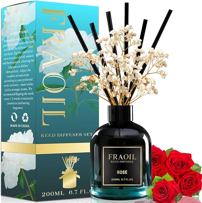 Rose Reed Diffuser, Reed Diffuser Set 6.7 fl oz (200 ml) with 6 Reed Sticks, Home Fragrance Reed Diffuser for Bathroom Shelf House Bedroom Office Decor