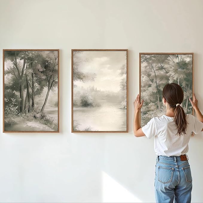 Yeehomedec Vintage Nature Landscape Framed Canvas Wall Art Set, Rustic Misty Forest Sketch Wall Decor, Neutral Wooden Trees Art Print, Retro Foggy Scenery Artwork for Living Room Bedroom Office 16"x24"x3