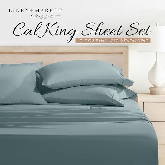 Linen Market Bed Sheets for California King Size Bed (Ocean) - Sleep Better Than Ever with These Soft and Cooling California King Sheets - Deep Pocket Fits 16" Thick Beds - 4 Piece Cal King Sheet Set