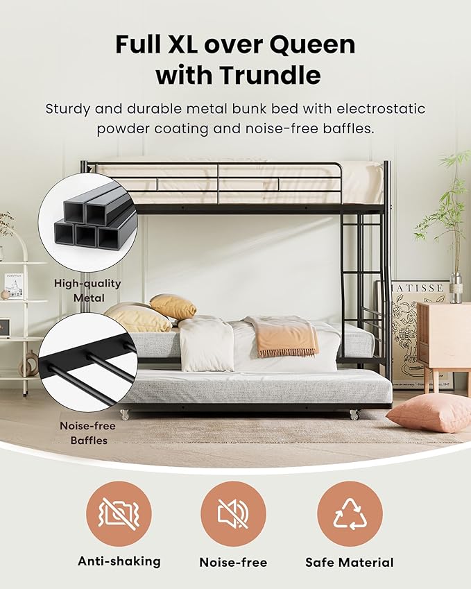 Full XL Over Queen Bunk Bed with Trundle, Heavy-Duty Queen Bunk Bed with with Safety Ladder and Full-Length Guardrail, Convertible to 3 Beds for Teens and Adults, Black