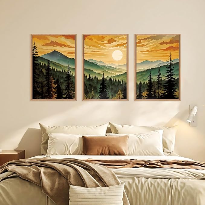 LHIUEM Large Boho Sunset Mountain Framed Canvas Wall Art,Retro Pine Tree Wall Decor,Nature Foggy Forest Wall Painting,Bohemian Landscape Artwork for Living Room,Bedroom,Dining Room,Office -16"x24"x3