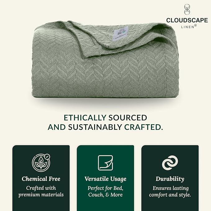 Cloud Scape Linen 100% Cotton Blanket 92x92 Olive Green - Cozy Herringbone Weave, Fits Up to for Full Size Beds, Breathable Softness, All-Season Warmth, Winter Blanket, for Women
