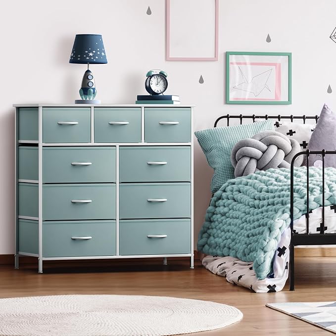 Sorbus Kids Dresser with 9 Drawers - Furniture Storage Chest Tower Unit for Bedroom, Hallway, Closet, Office Organization - Steel Frame, Wood Top, Fabric Bins (Aqua, Solid)