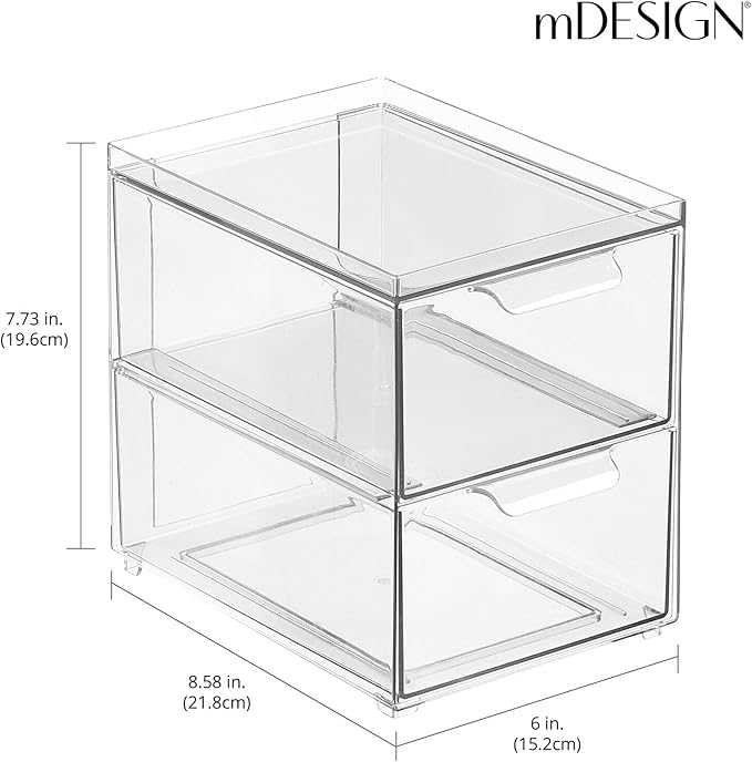 mDesign Stackable Storage Containers Box with 2 Pull-Out Drawers - Stacking Plastic Drawer Bins for Master or Guest Bathroom, Linen Closet, Vanity, Makeup Table Lumiere Collection 4 Pack, Clear