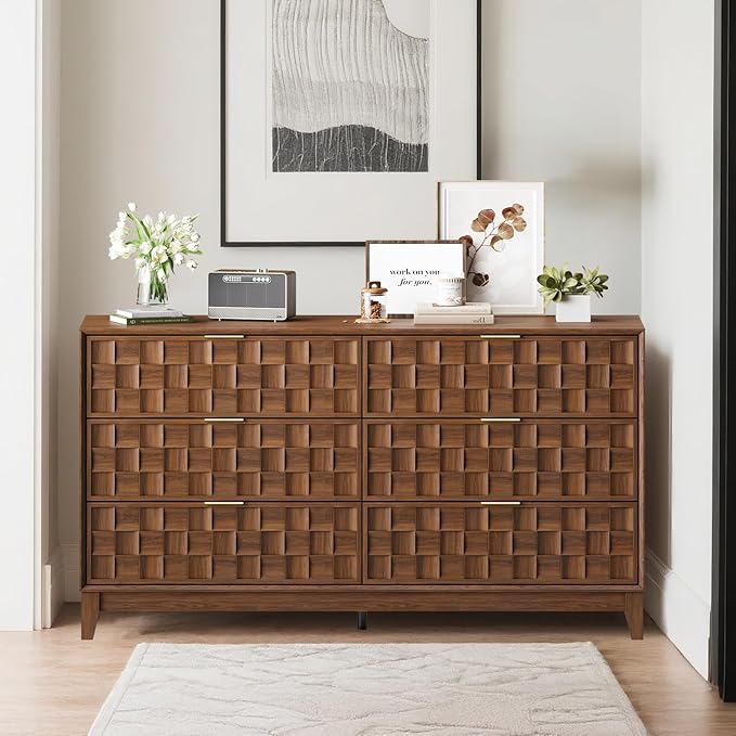 COLAMY Fluted Dresser for Bedroom, 6 Drawer Wood Dresser 55”, Chest of Drawers with Large Storage, Metal Handles, Modern TV Stand for Living Room, Hallway, Walnut
