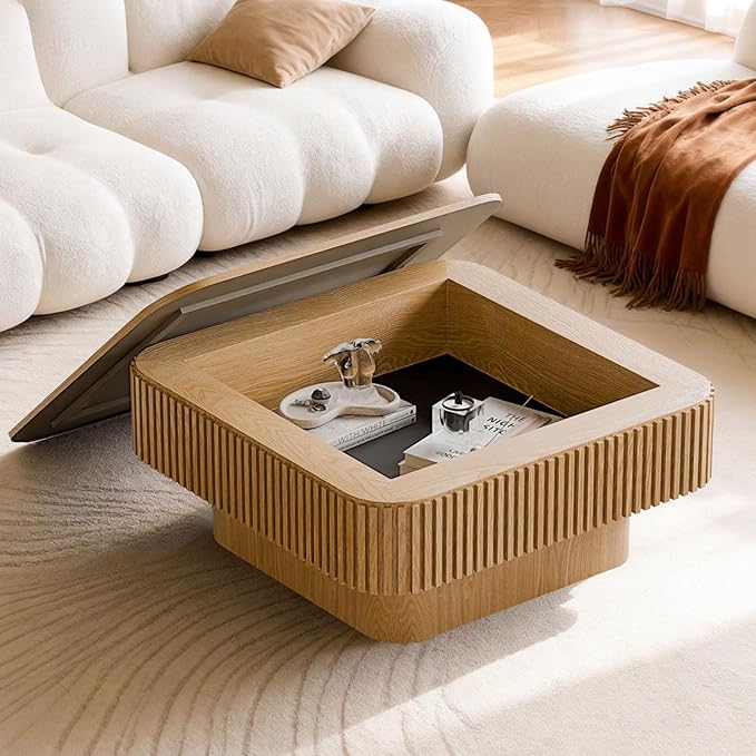LKTART Coffee Table for Living Room, Accent Fluted Square Coffee Table with Hidden Storage, Modern Solid Wood Veneered Circle Center Tea Table for Small Space Apartment (31.5''D×14''H-Natural)