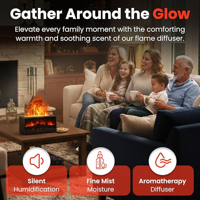 Fireplace Flame Diffuser Air Humidifier, Essential Oil Diffuser with 7 Colors Light & Timer, Auto-Off Ultrasonic Cool Mist Aroma Humidifier for Home, Bedroom, Office, Yoga(Black)