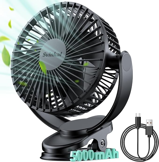 Svinkal USB Personal Clip on Fan 5000mAh Battery Operated 6in, Type C, 3 Speed, 720° adjustment, Small Portable Fan for Table, Bedroom, Desk, dormitory, Camping, Stroller, Golf Cart