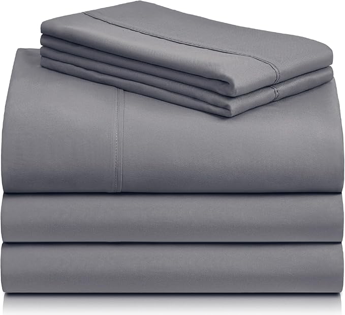 LuxClub 4 PC Extra Deep Pocket Split King Sheet Set, Wrinkle Free Cooling Bed Sheets Hotel Bedding for Women, Men, Includes 1 Fitted Sheet, 1 Flat Sheet and 2 Pillowcases- Light Grey