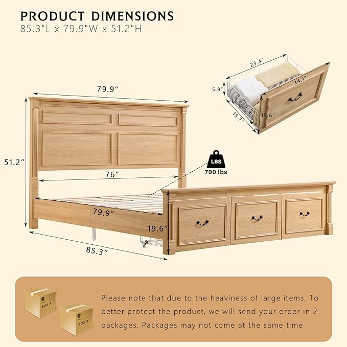Farmhouse King Size Bed Frame with 51" Tall Headboard, Wood Platform Bed Frame with 20" Tall Roman Column Decoration Footboard & 3 Large Storage Drawers, No Box Spring Needed (Natrual)