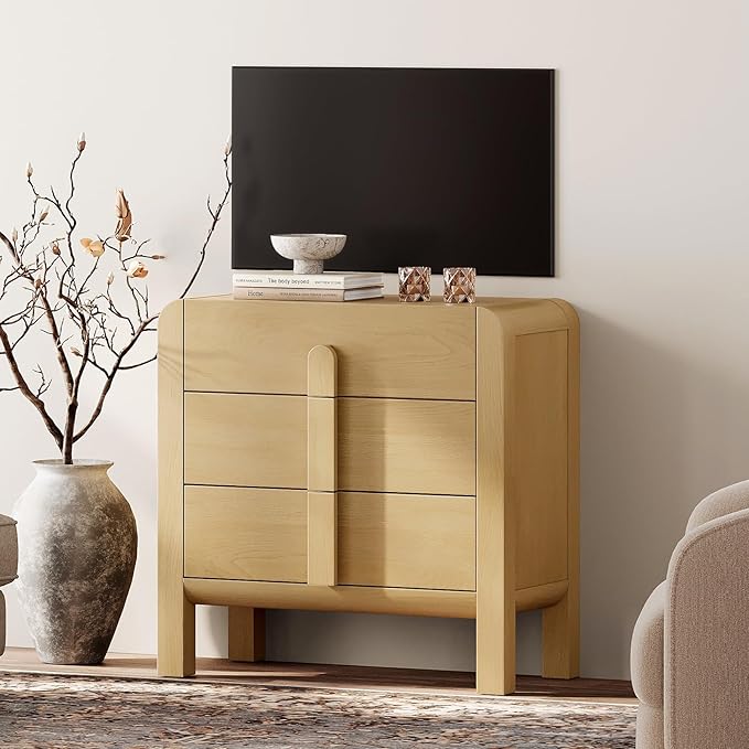 WAMPAT 3 Drawer Dresser for Bedroom,31.5" Wide Mid Century Modern Wide Chest of Drawer, Wood Tall Nightstand with Curved Edge Handles, Closet Dresser TV Stand for Bedroom, Oak