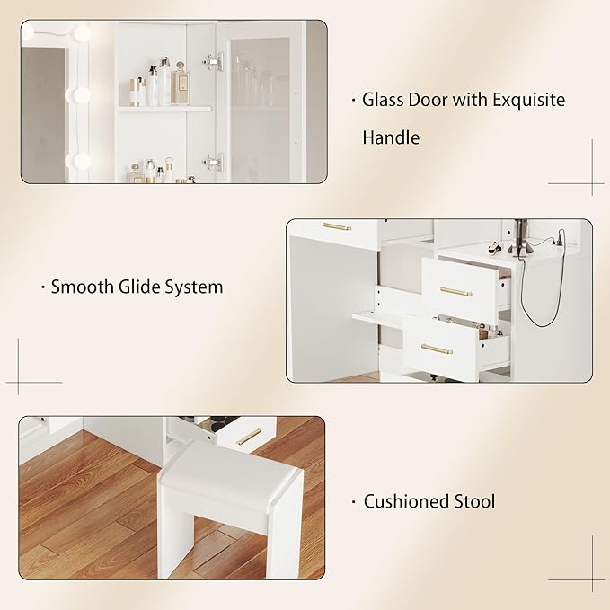 White Vanity Desk with Mirror, Lights & Charging Station, 58" 3 Lighting Modes Makeup Desk with 8 Drawers, 2 Cabinets and Lots Storage, Dressing Table Vanity Set with Lighted Mirror