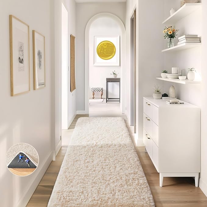 Ophanie 2x8 Runner Rug for Hallway, Upgrade Non-Slip Fluffy Soft Bedside Rugs, Bedroom Living Room Ivory Shaggy Carpet for Kids Girls Boys Dorm Nursery Home Decor Aesthetic