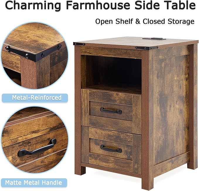 Puntogen Brown Night Stand, Rustic End Table with Charging Station, Farmhouse Tall Nightstand for Bedroom, Drawer Dresser Bedside Table with Open Storage Shelf