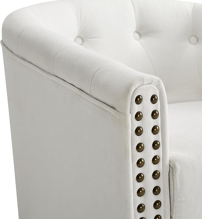Swivel Barrel Accent Chair,Round Nailhead Chenille Fabric Living Room Arm Chairs,Modern Upholstered Comfty Reading Nook Chairs for Bedroom,Small Club Armchair,Single Sofa Side Chair,Ivory White