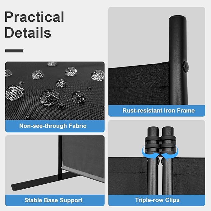 MAYOLIAH 3-Panel Black Room Divider 6ft Tall Folding Privacy Screen w/Flat Base Portable Office Partition Indoor Wall Separator 101" W X 72" H